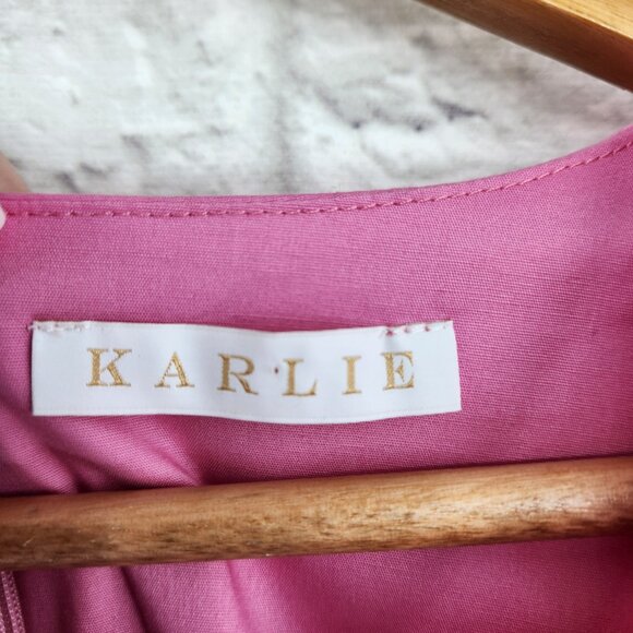 KARLIE Pink Poplin Ruffle Tier Dress Cotton Size Medium - Picture 3 of 14